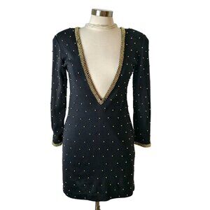 VTG Womens Black Mini Dress M Gold Beaded Details Plunging Neckline Cocktail